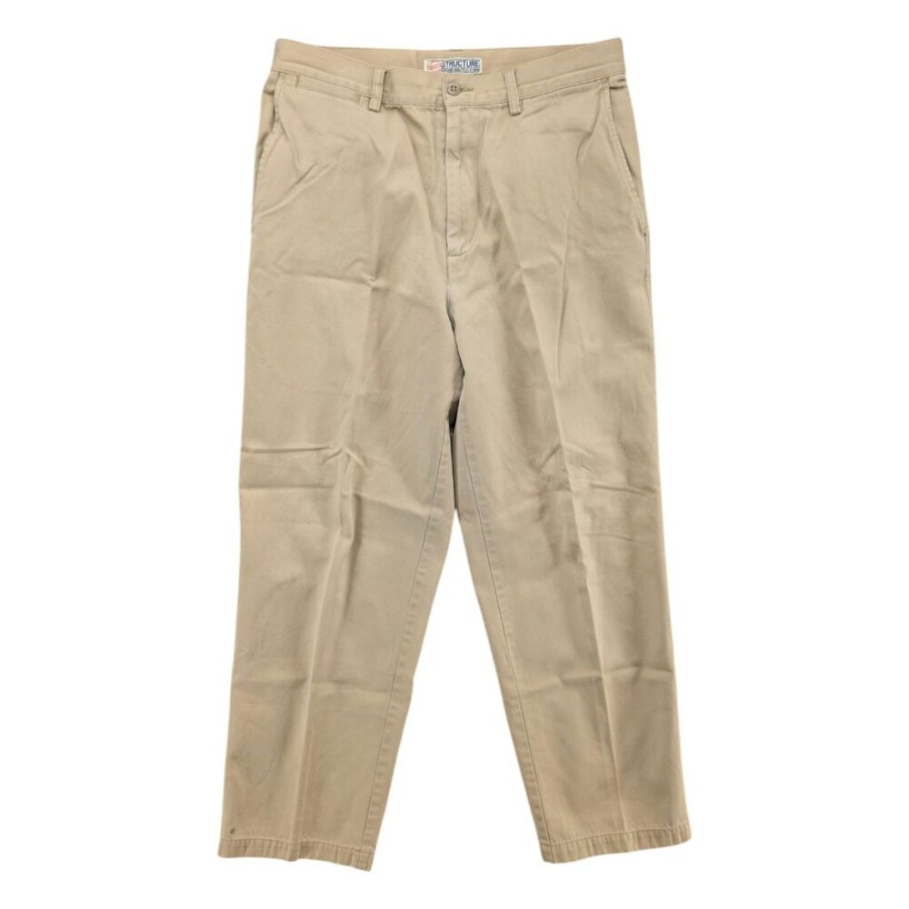 Structure Chino Pants Mens Beige Khaki Flat Front 100% Cotton Size 33x30